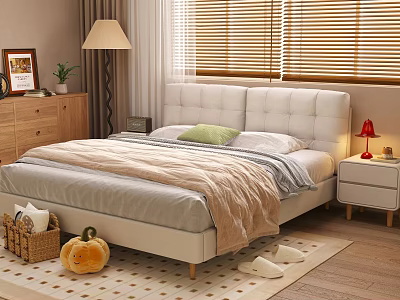 Double Bed With Upholstered Headboard Neutral Bedding Wooden Nightstand Table Lamp Rug Decorative Pumpkin Blinds 3d model