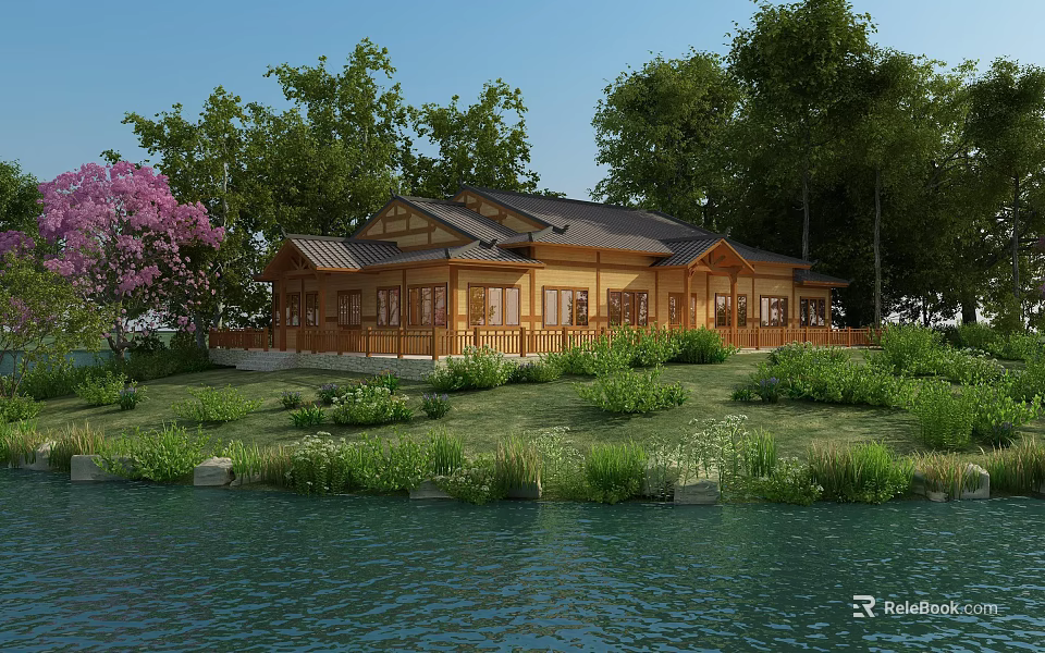 Traditional Wooden House with Porch Surrounded by Trees and Green Grass Near Calm Water 3d model 