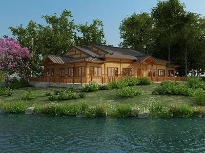 Traditional Wooden House with Porch Surrounded by Trees and Green Grass Near Calm Water 3d model