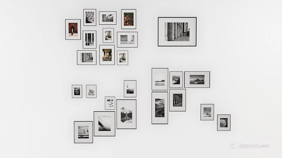 Wall Decor With Various Sizes Black And White Photo Frames Arrangement 3d model 