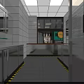 Modern Commercial Kitchen With Stainless Steel Worktables Tile Walls Ceiling Lights And Aisle