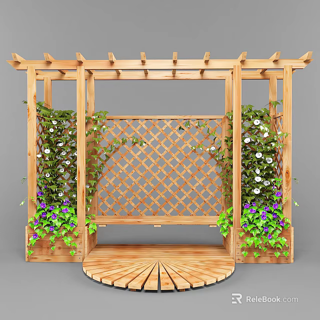 Wooden Garden Pergola With Lattice Screen Climbing Plants Flowers And Wooden Platform 3d model 