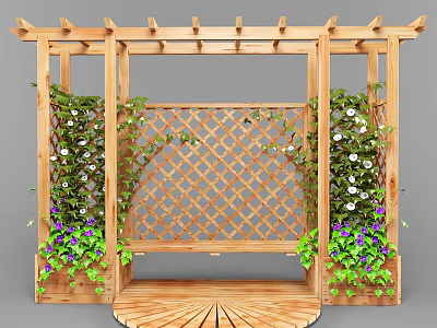 Wooden Garden Pergola With Lattice Screen Climbing Plants Flowers And Wooden Platform 3d model