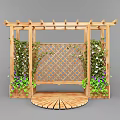 Wooden Garden Pergola With Lattice Screen Climbing Plants Flowers And Wooden Platform
