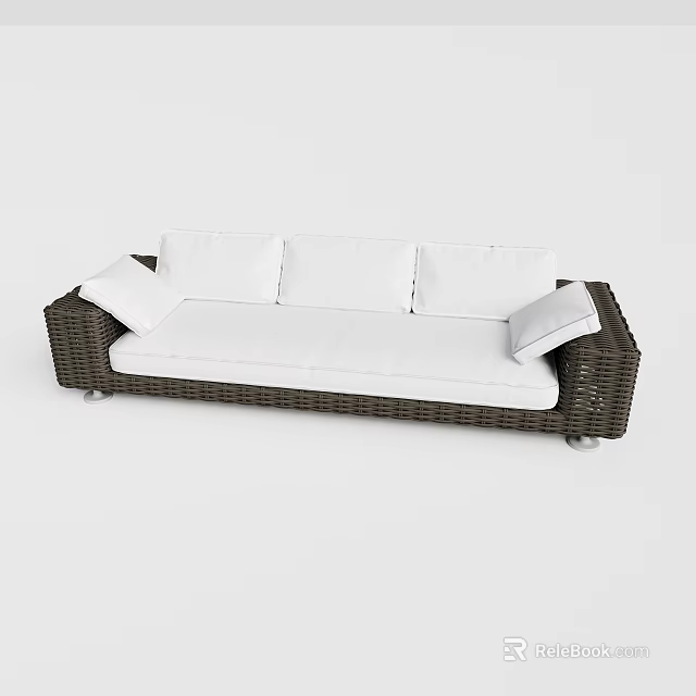 Modern Wicker Three Seater Sofa With White Cushions And Armrests Design 3d model
