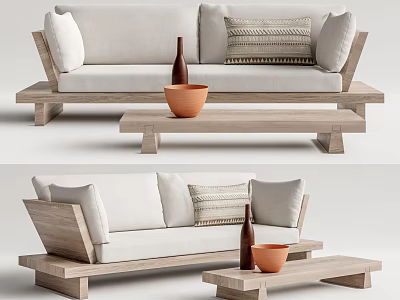 Light Colored Wooden Frame Sofa With Striped Cushions Coffee Table Orange Bowl And Brown Vase 3d model