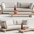 Light Colored Wooden Frame Sofa With Striped Cushions Coffee Table Orange Bowl And Brown Vase