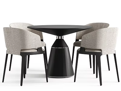Modern Dining Table And Chairs Set With Black Round Top And Light Upholstered Seats 3d model