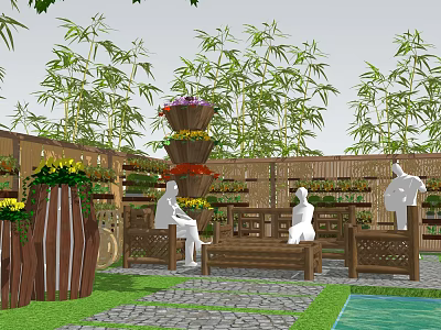 Garden Courtyard Featuring Bamboo Plants Tiered Flower Stands Wooden Benches Stone Paved Path And Sculptures 3d model