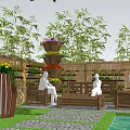 Garden Courtyard Featuring Bamboo Plants Tiered Flower Stands Wooden Benches Stone Paved Path And Sculptures