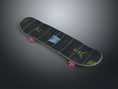 Black Skateboard With Green Decorative Lines And Pink Wheels For Daily Use 3d model
