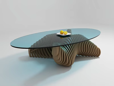 Modern Oval Glass Top Coffee Table With Curved Wooden Base And Tray Of Yellow Fruits 3d model