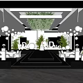 Wedding Banquet Hall With Greenery Ceiling Round Pendant Lights White Chairs And Stage