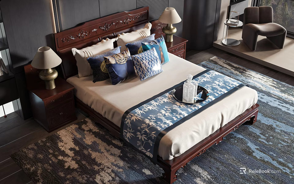 Carved Mahogany Double Bed With Multiple Pillows Blue White Bed Runner And Nightstand Table Lamps 3d model 