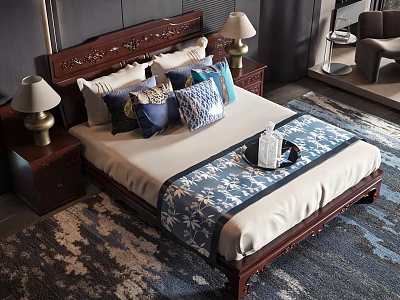 Carved Mahogany Double Bed With Multiple Pillows Blue White Bed Runner And Nightstand Table Lamps 3d model