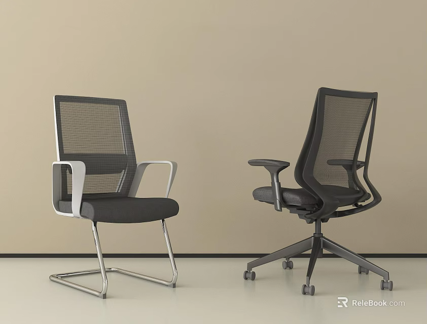 Modern Office Chairs With Mesh Backrests Metal Frames And Rolling Fixed Bases 3d model