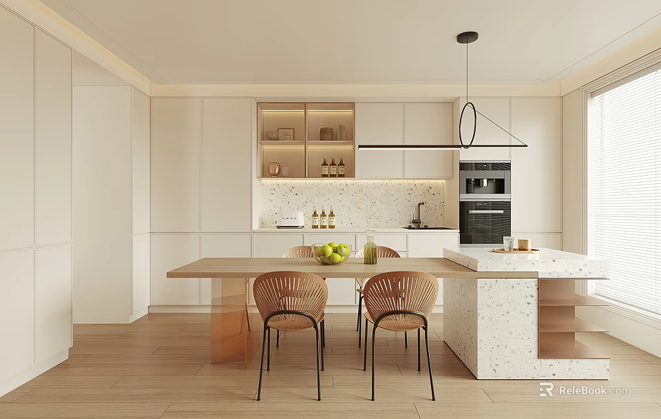 Modern Restaurant Kitchen Interior With White Cabinets Wooden Flooring Island Counter Fruits And Wicker Chairs 3d model 