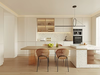 Modern Restaurant Kitchen Interior With White Cabinets Wooden Flooring Island Counter Fruits And Wicker Chairs 3d model