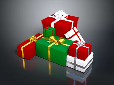 Colorful Gift Boxes In Red Green White With Gold Ribbons And Silver Bows 3d model