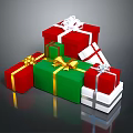 Colorful Gift Boxes In Red Green White With Gold Ribbons And Silver Bows