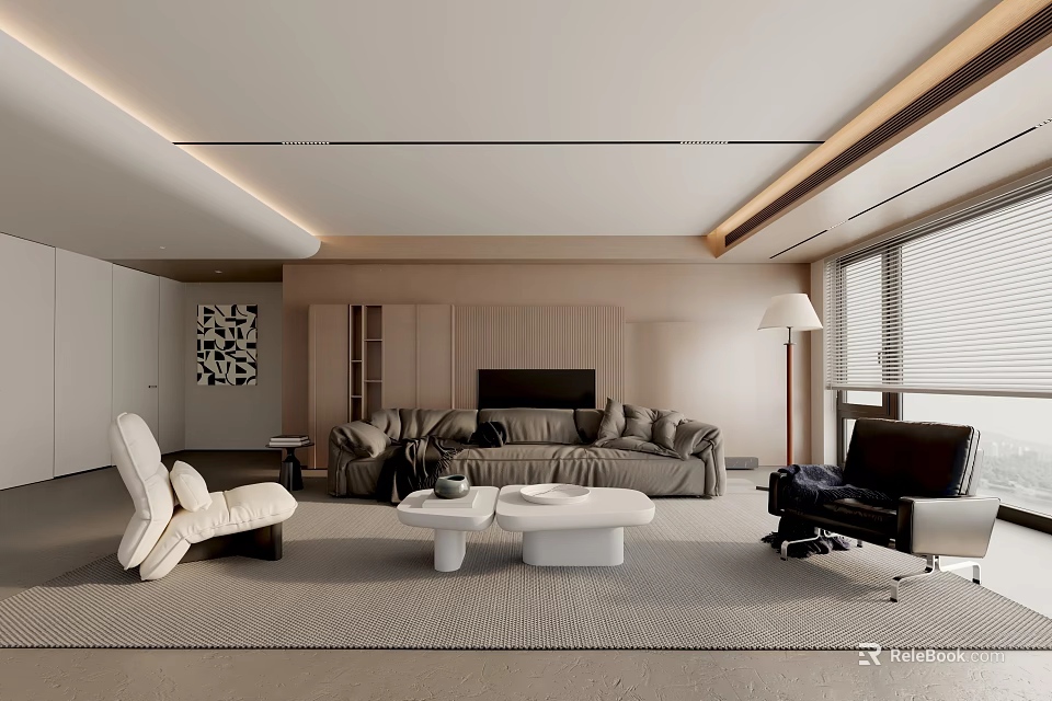Modern Living Room Interior Design With Beige Sofa White Coffee Tables And Floor Lamp 3d model 