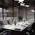 Modern Public Office Space With Workstations Laptops Green Plants World Map And Lighting 3d model