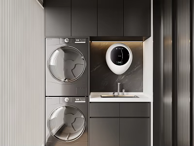 Modern Dark Balcony Cabinet With Stacked Washer Dryer Sink And Countertop 3d model