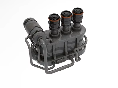 Industrial Equipment with Black Cylindrical Components Mounted on Metal Frame and Pipes 3d model
