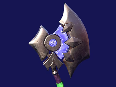 Metallic Battle Axe With Glowing Blue Gem And Decorative Blades Design 3d model