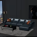 Blue Leather Sectional Sofa With Orange Cushions Coffee Table And City View 3d model