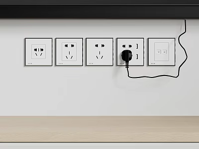 Multiple Switch Panels on White Wall with Black Plug Connected Alongside Light Countertop 3d model