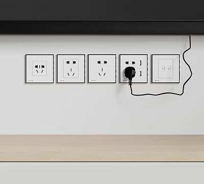 Multiple Switch Panels on White Wall with Black Plug Connected Alongside Light Countertop 3d model