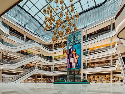 Modern Shopping Mall Atrium with Glass Dome Ceiling Golden Chandeliers Escalators and Large Art Painting 3d model