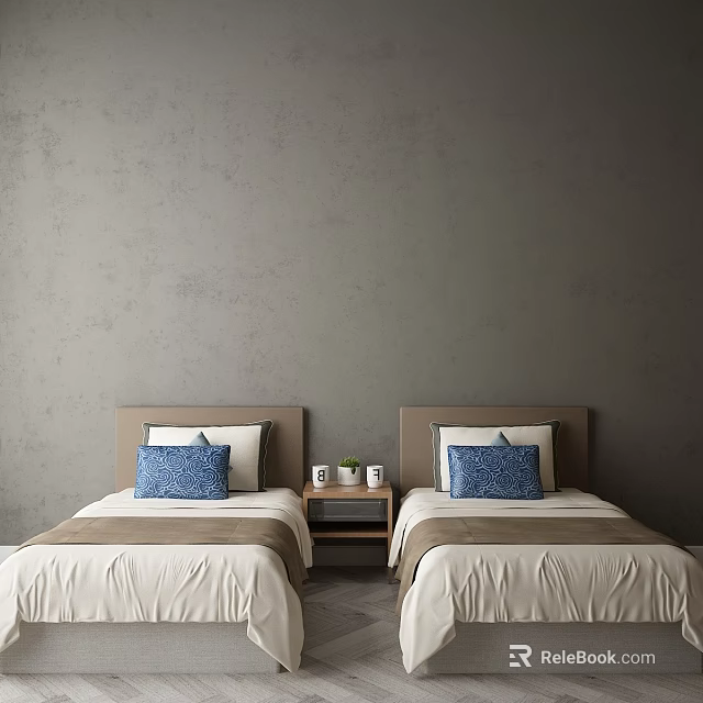Two Single Beds with Blue Pillows White Brown Sheets Grey Wall and Nightstands 3d model 