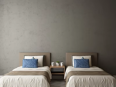 Two Single Beds with Blue Pillows White Brown Sheets Grey Wall and Nightstands 3d model