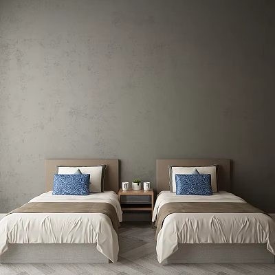 Two Single Beds with Blue Pillows White Brown Sheets Grey Wall and Nightstands 3d model