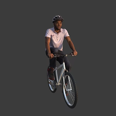 Man riding white bicycle wearing pink polo shirt dark pants and helmet against gray background 3d model