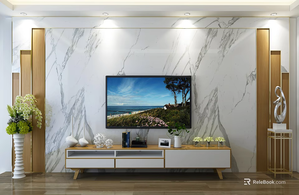 Modern TV Background Wall With Marble Texture TV Stand And Decorative Items 3d model