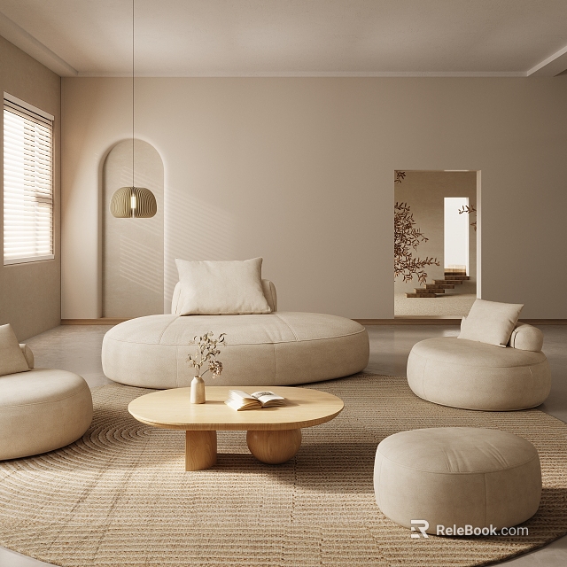 Cozy Modern Minimalist Living Room With Round Beige Sofa And Wooden Coffee Table Set 3d model 