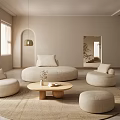 Cozy Modern Minimalist Living Room With Round Beige Sofa And Wooden Coffee Table Set