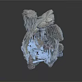 Abstract Sculpture With Irregular Rock Like Texture Hanging Formations And Layered Design