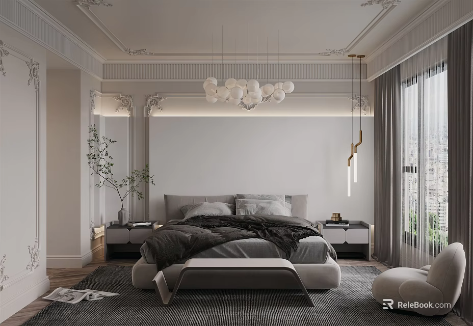 Modern Bedroom Interior With King Size Bed Nightstands Pendant Lights And Curtains 3d model 