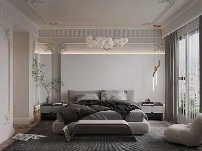 Modern Bedroom Interior With King Size Bed Nightstands Pendant Lights And Curtains 3d model