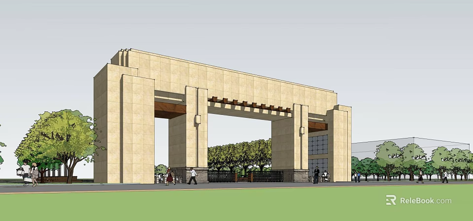 Grand Stone Main Gate With Tall Columns And Archway Surrounded By Trees And Pedestrians 3d model 