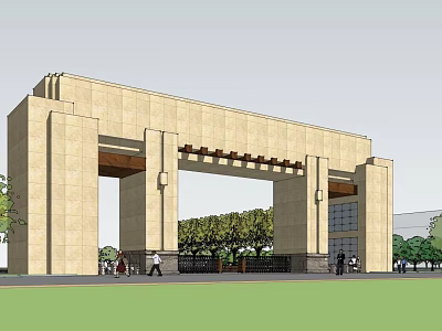 Grand Stone Main Gate With Tall Columns And Archway Surrounded By Trees And Pedestrians 3d model