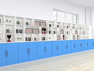 Storage Shelving Unit With Blue Cabinets White Shelves Plants Trophies And Books In Bright Room 3d model