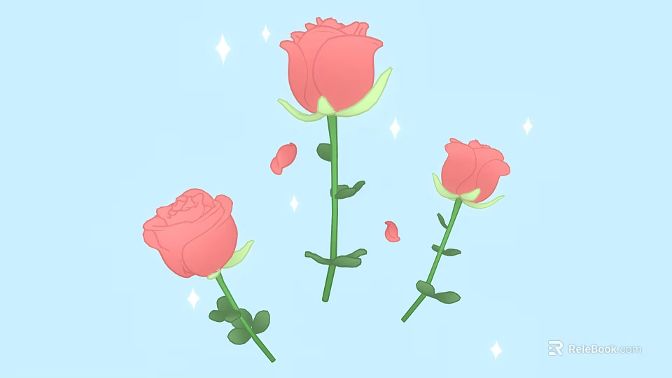 Cartoon Pink Roses with Green Stems Leaves Scattered Petals Shining Stars on Light Blue Background 3d model 