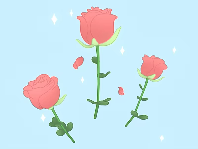 Cartoon Pink Roses with Green Stems Leaves Scattered Petals Shining Stars on Light Blue Background 3d model