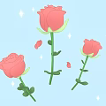 Cartoon Pink Roses with Green Stems Leaves Scattered Petals Shining Stars on Light Blue Background