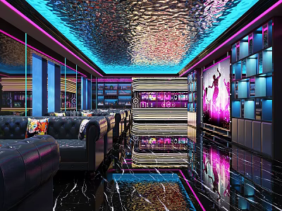 Luxury KTV Lounge With Modern Interior Colorful Lighting Leather Sofas And Mirror Walls 3d model